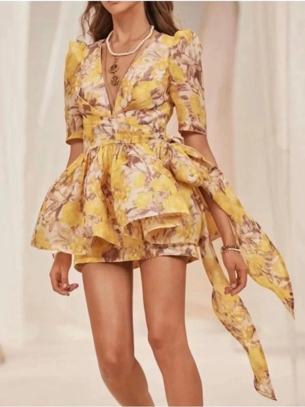 Yellow Floral V-Neck Puff Sleeve Mini Dress- Lookalike Zimmerman design dress - Picture 2 of 9